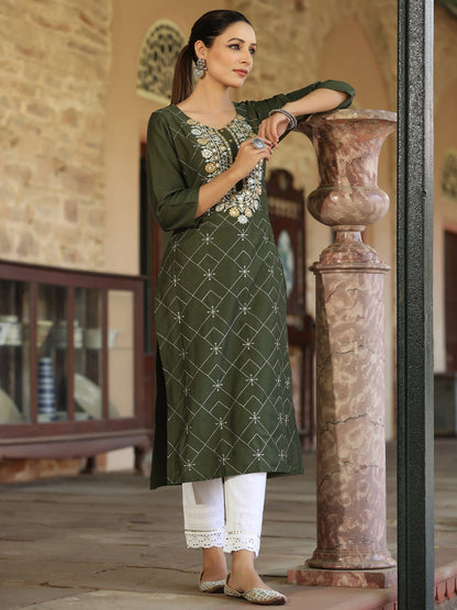 Green Chinnon Printed Kurta