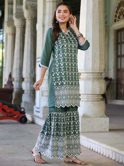 Green Chinnon Embroidery Kurta Garara Set