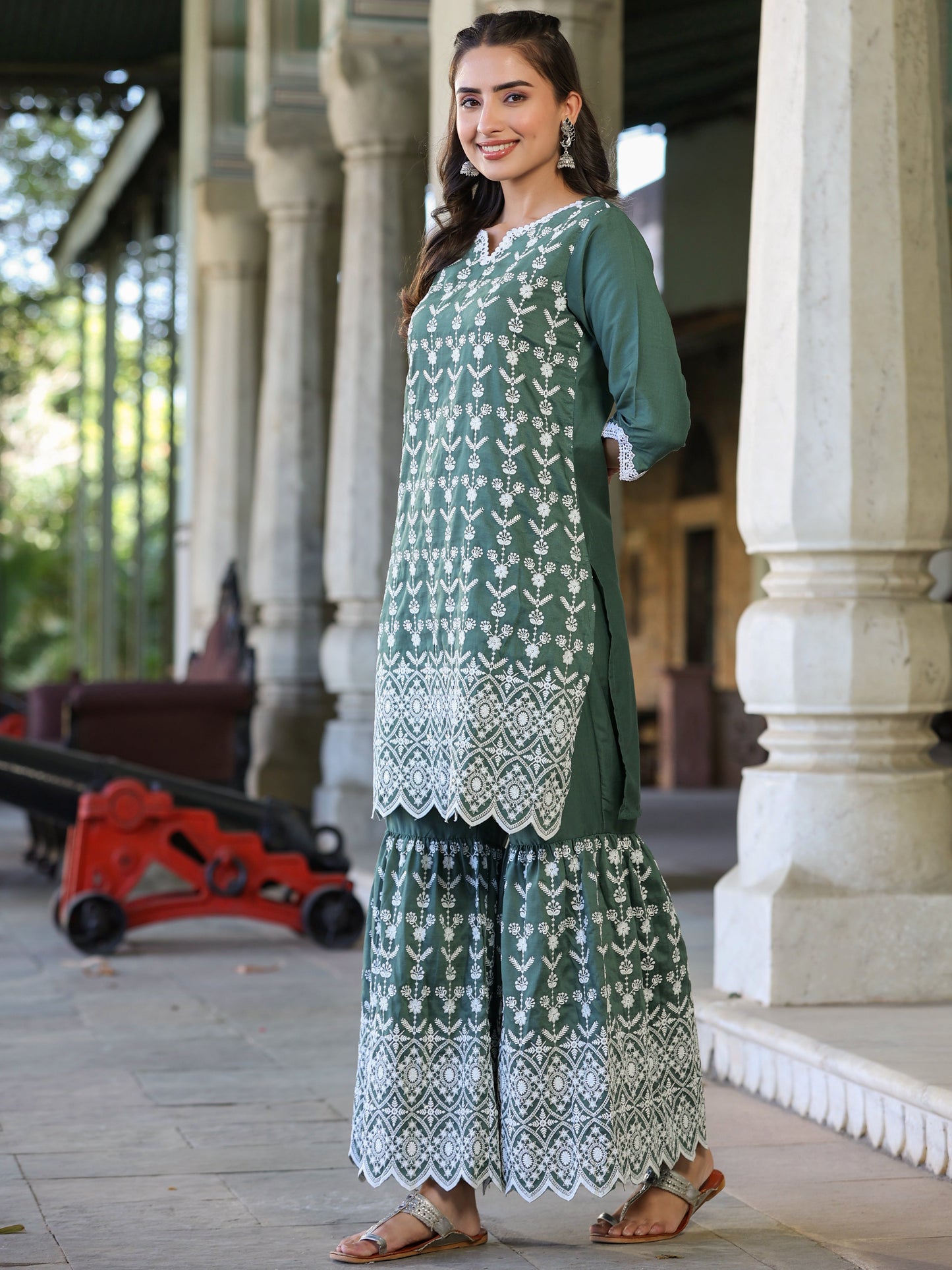 Green Chinnon Embroidery Kurta Garara Set