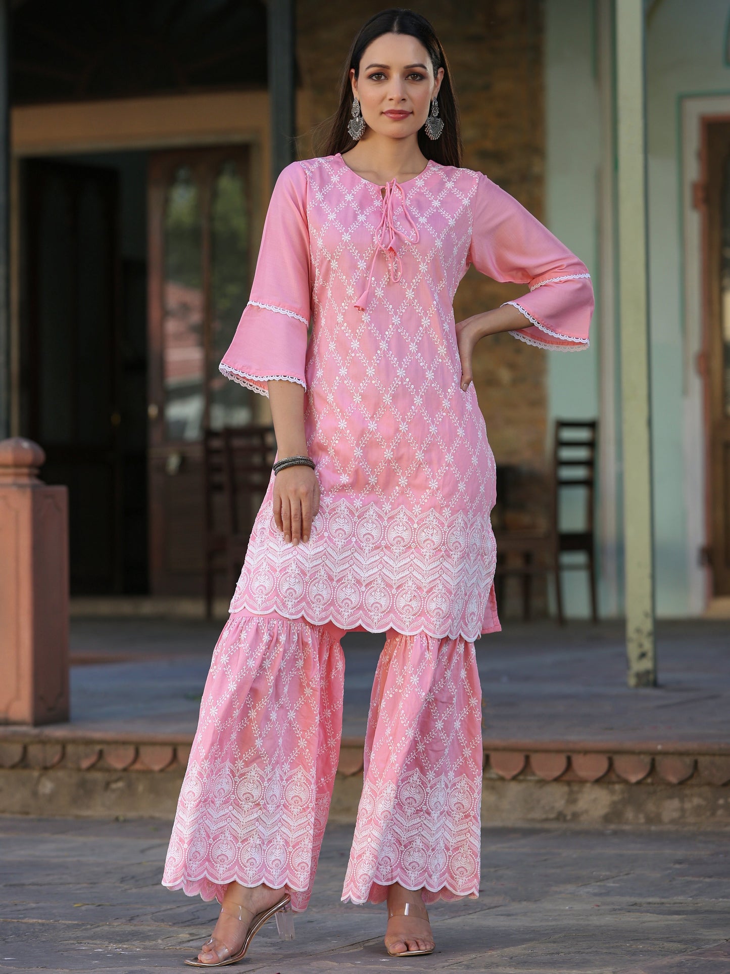 Pink Chinnon Embroidery Kurta Garara Set