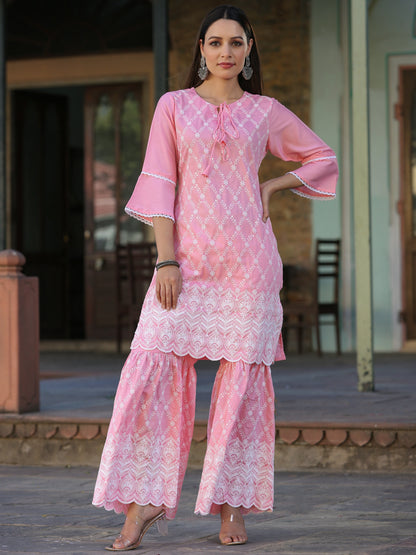 Pink Chinnon Embroidery Kurta Garara Set