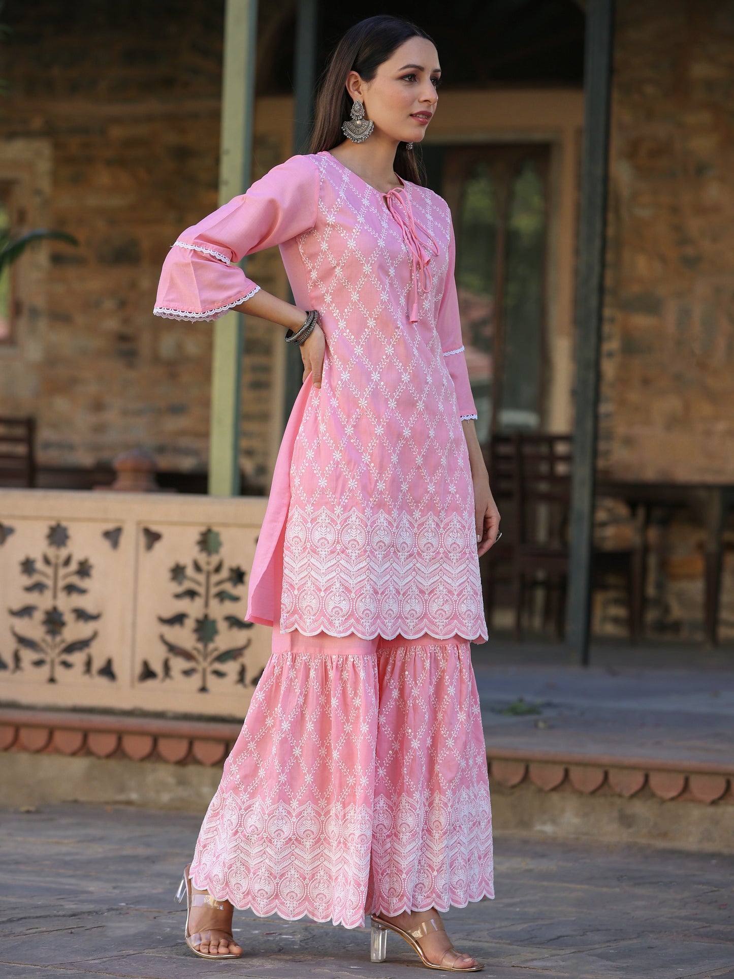 Pink Chinnon Embroidery Kurta Garara Set