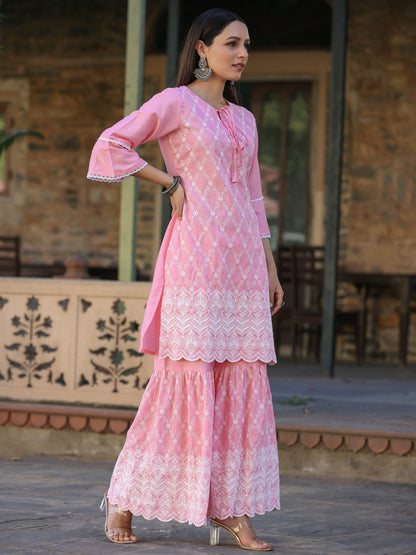 Pink Chinnon Embroidery Kurta Garara Set