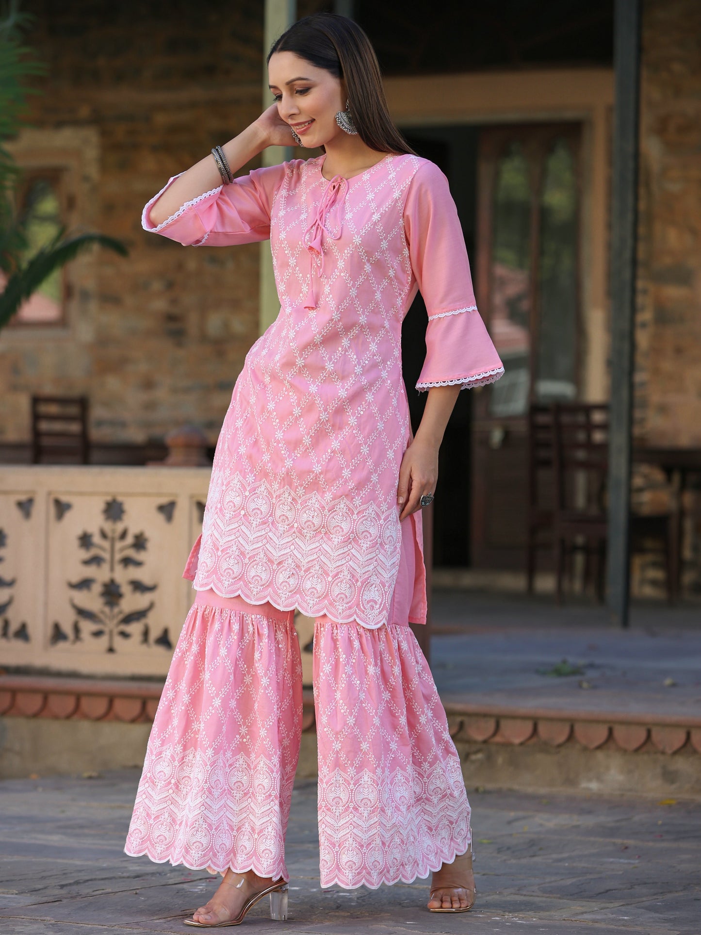 Pink Chinnon Embroidery Kurta Garara Set