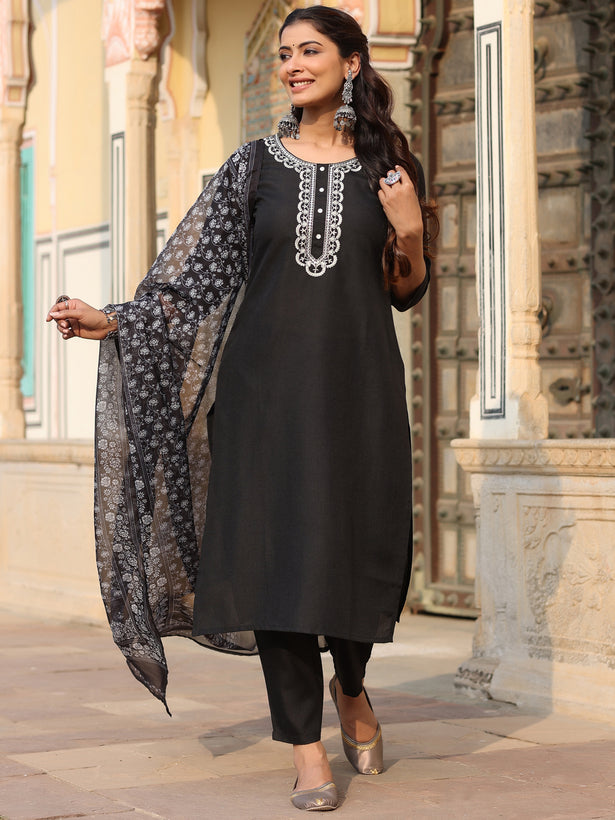 Black Silk Solid Embroidered Kurta Set