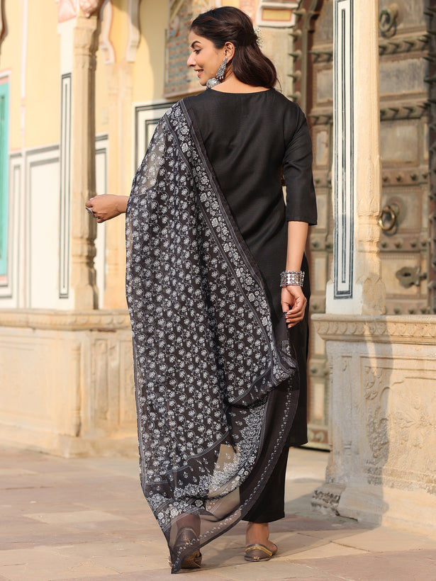 Black Silk Solid Embroidered Kurta Set
