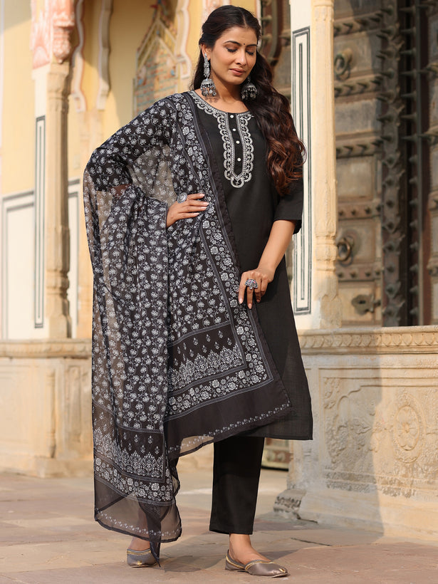Black Silk Solid Embroidered Kurta Set