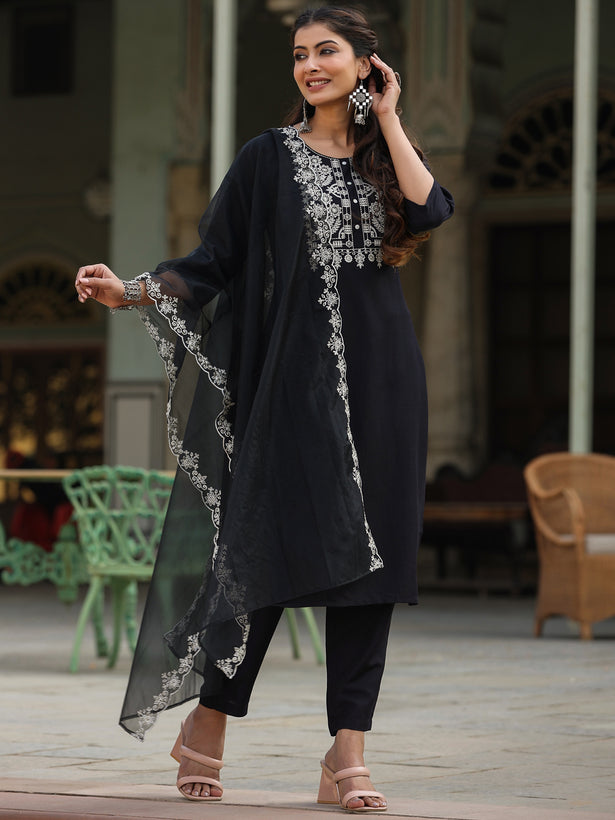 Black Chinnon Solid Embroidered Kurta Set