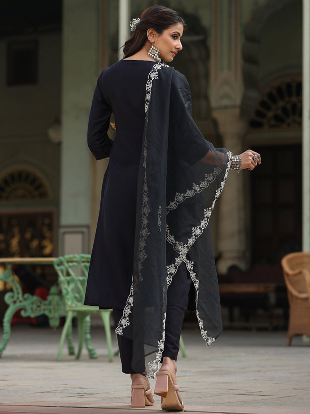 Black Chinnon Solid Embroidered Kurta Set