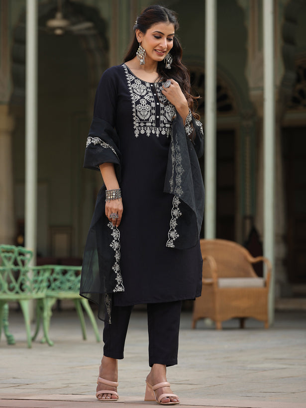 Black Chinnon Solid Embroidered Kurta Set
