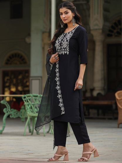 Black Chinnon Solid Embroidered Kurta Set