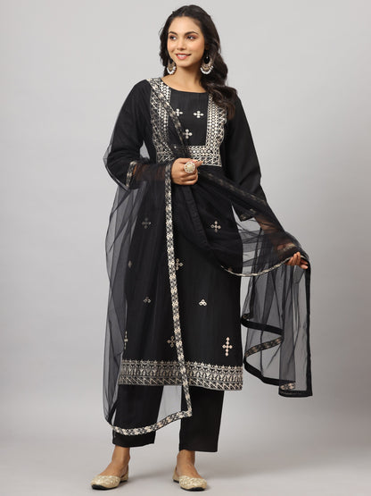 Black Chinnon Solid Embroidered Kurta Set