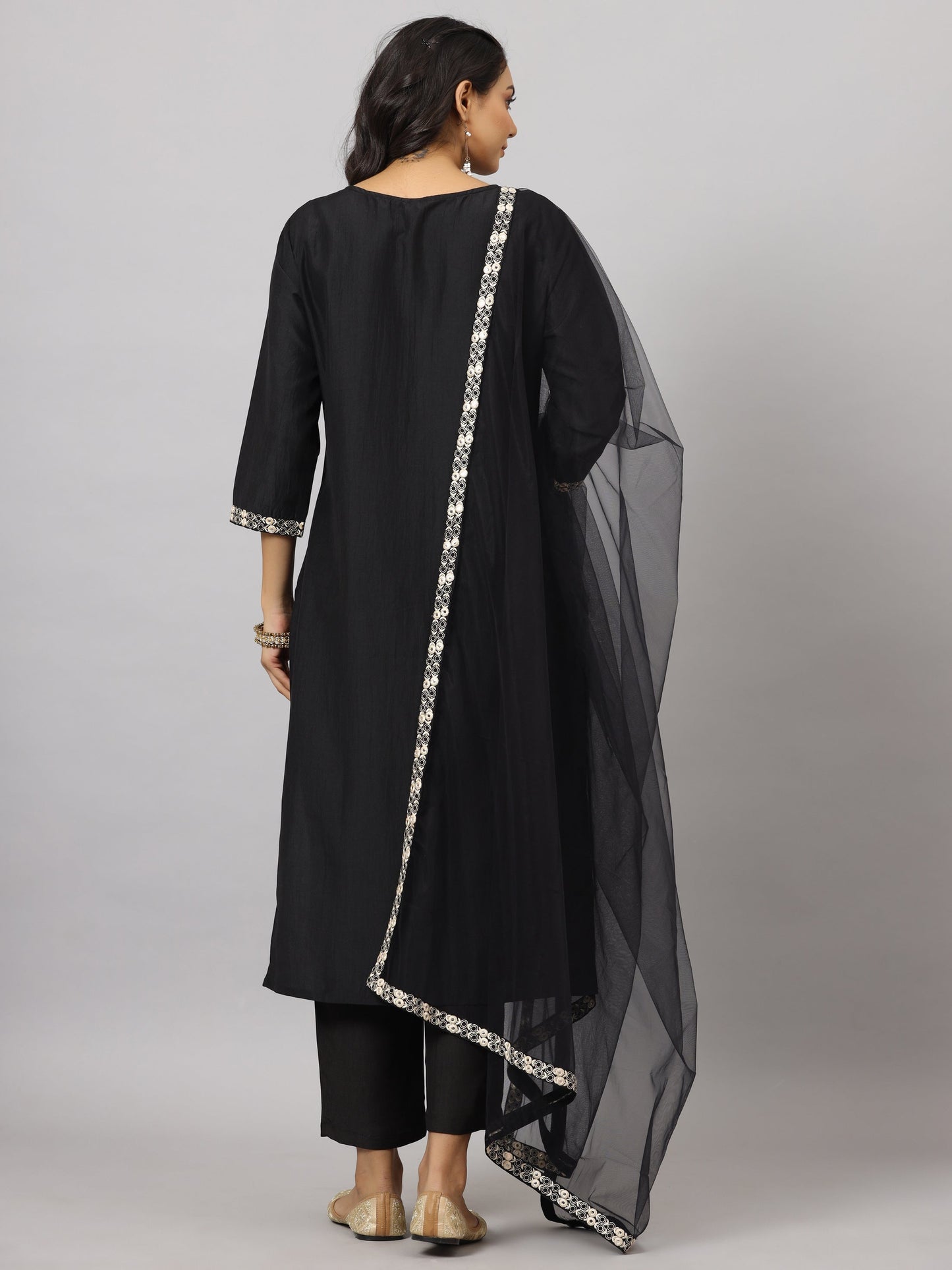 Black Chinnon Solid Embroidered Kurta Set