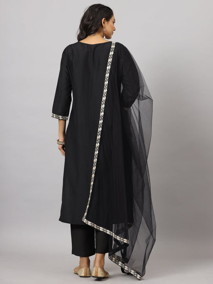 Black Chinnon Solid Embroidered Kurta Set