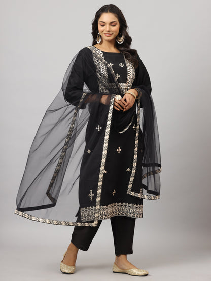 Black Chinnon Solid Embroidered Kurta Set