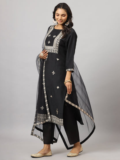 Black Chinnon Solid Embroidered Kurta Set