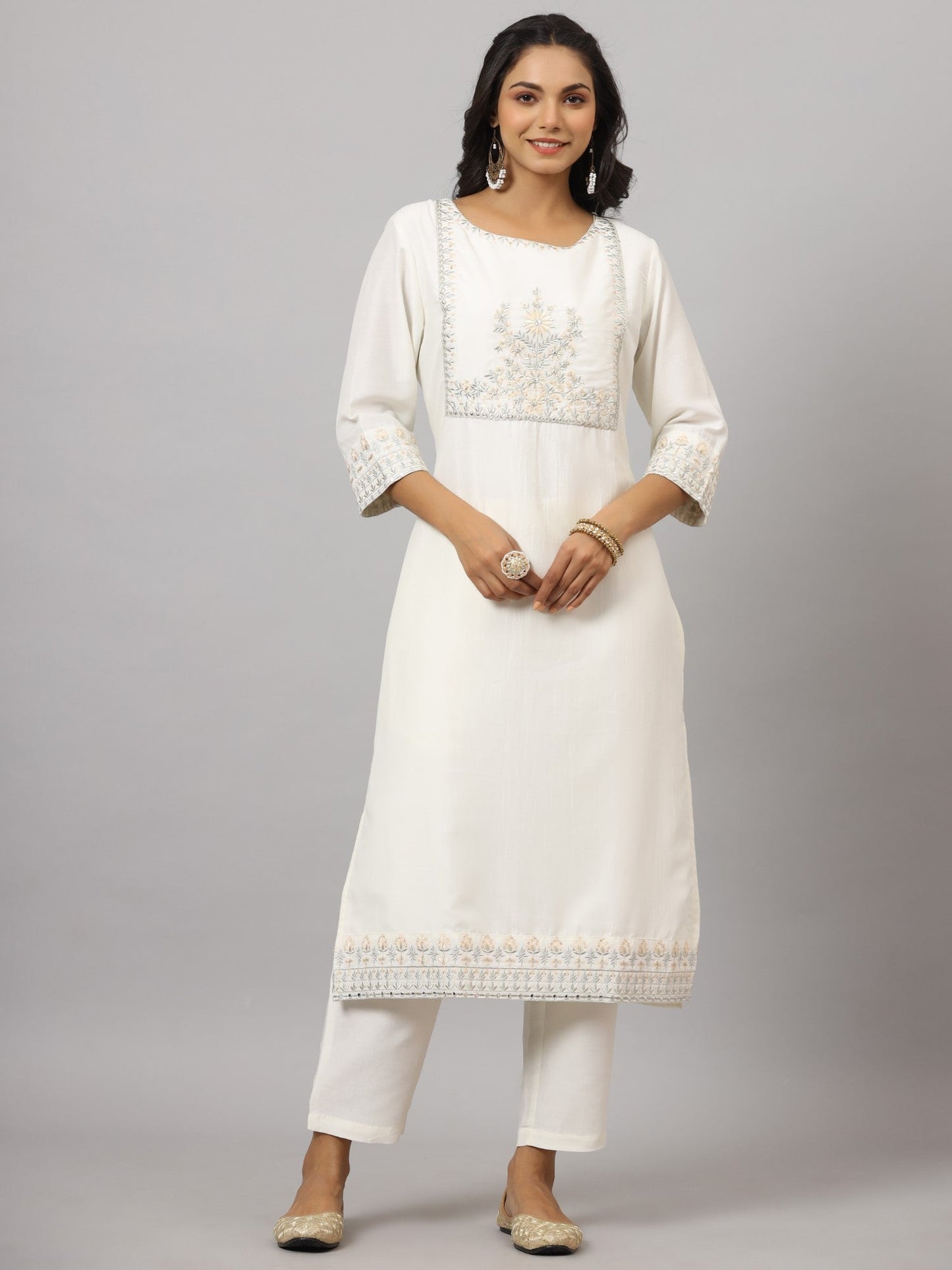 Off-White Chinnon Embroidered Kurta, Pants And Dupatta Set