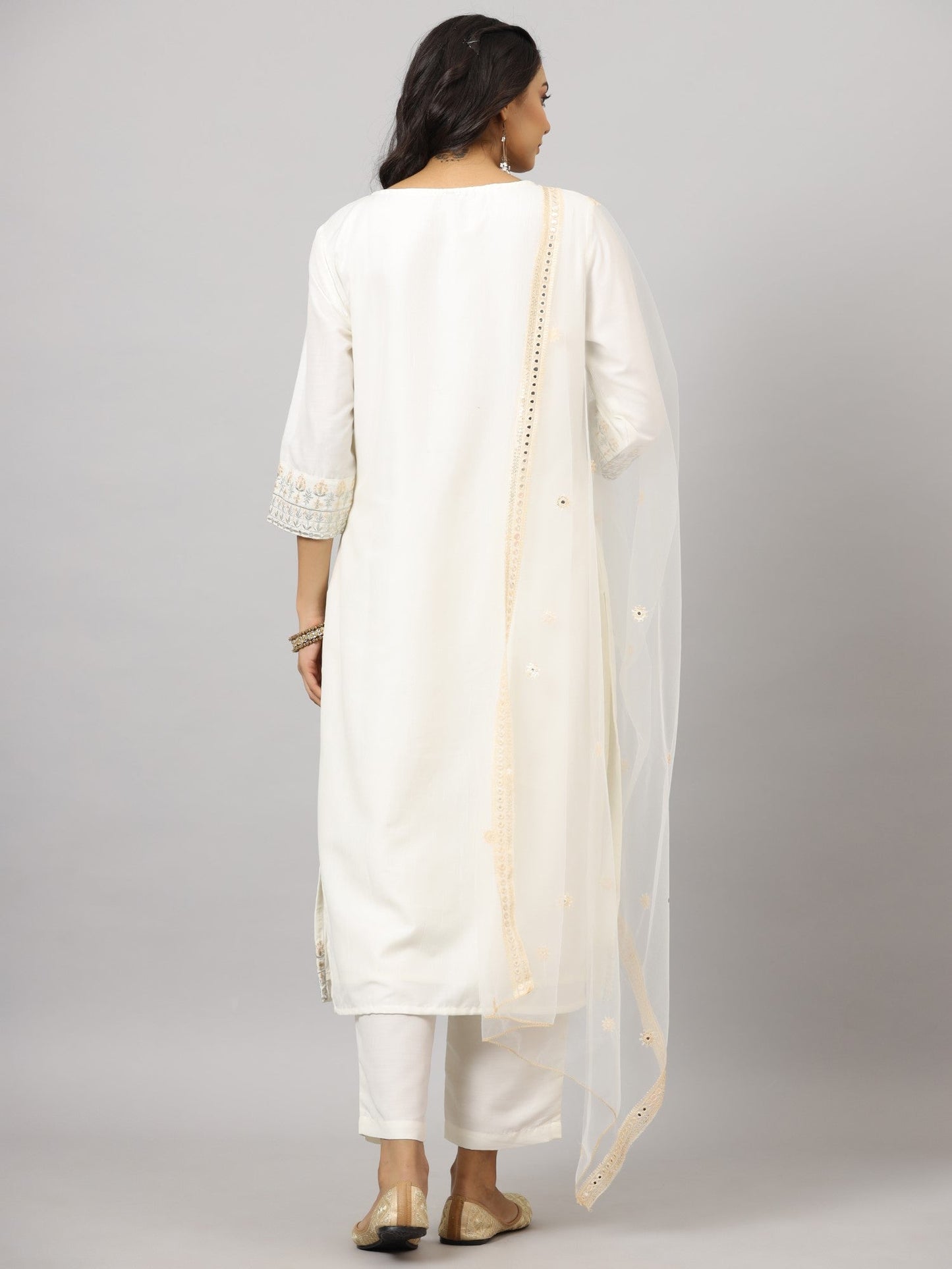 Off-White Chinnon Embroidered Kurta, Pants And Dupatta Set