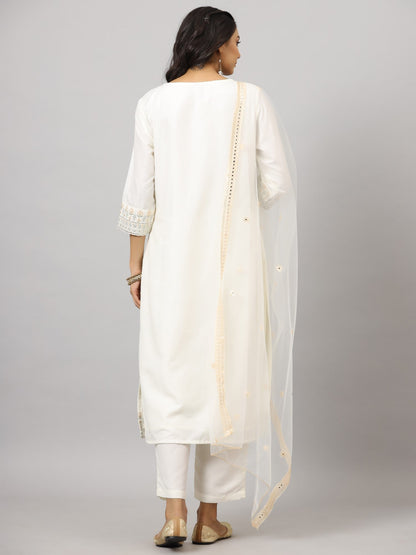 Off-White Chinnon Embroidered Kurta, Pants And Dupatta Set