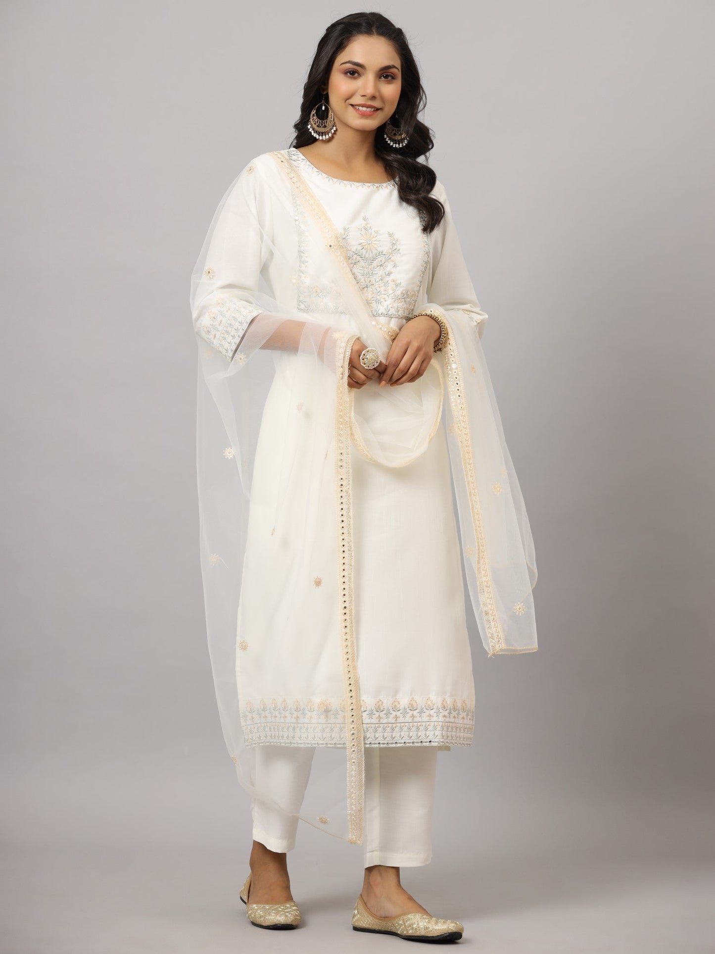 Off-White Chinnon Embroidered Kurta, Pants And Dupatta Set