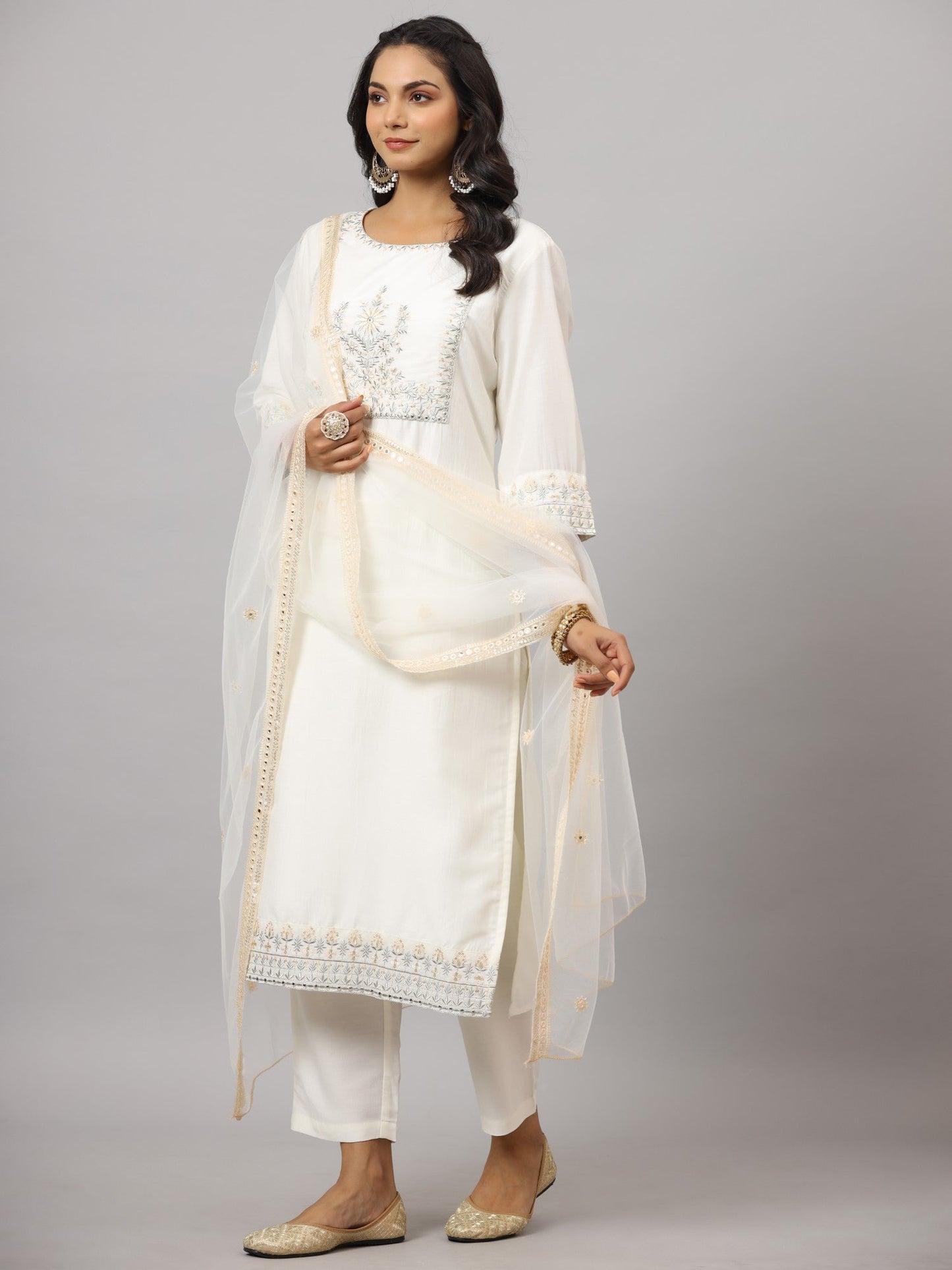 Off-White Chinnon Embroidered Kurta, Pants And Dupatta Set