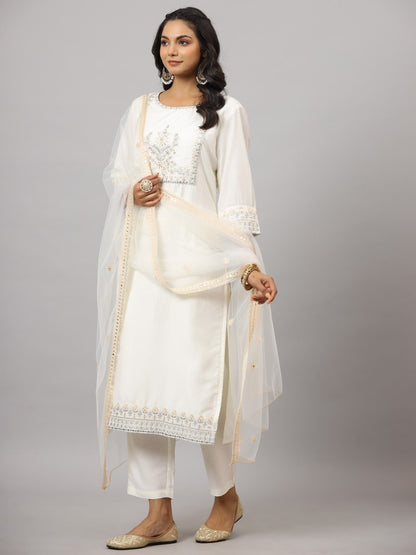 Off-White Chinnon Embroidered Kurta, Pants And Dupatta Set