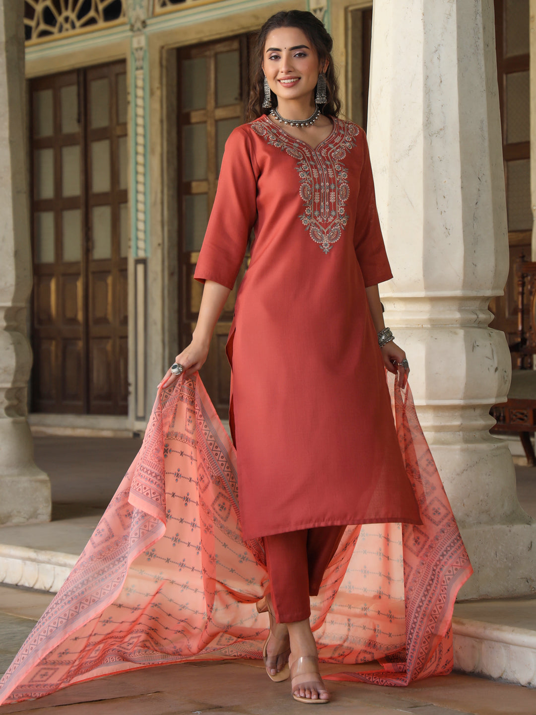 Rust Silk Solid Embroidered Kurta Set