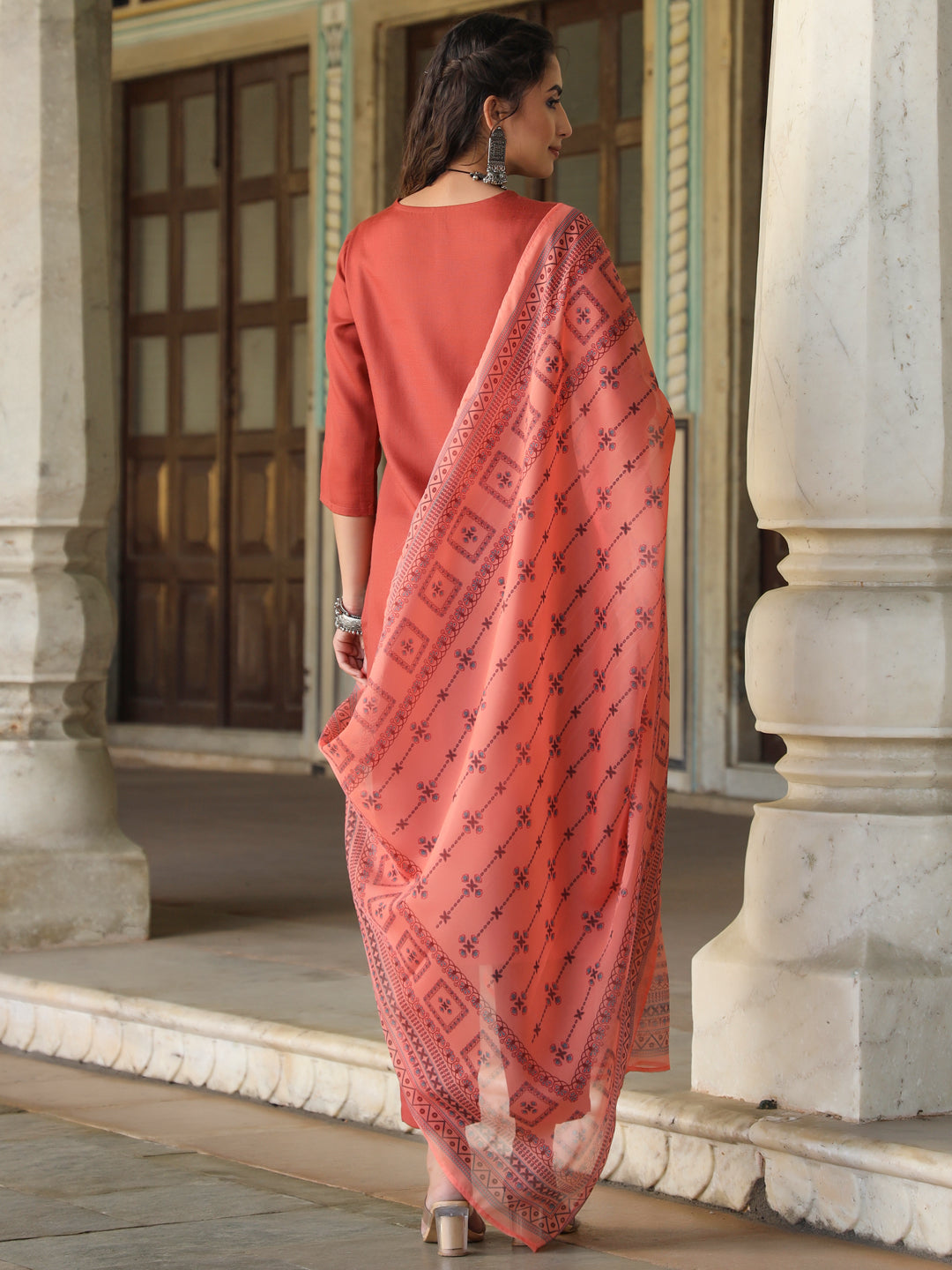 Rust Silk Solid Embroidered Kurta Set