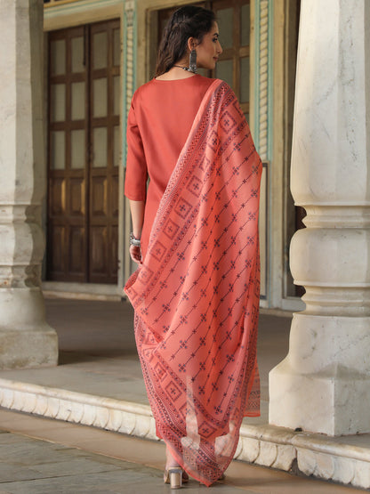 Rust Silk Solid Embroidered Kurta Set