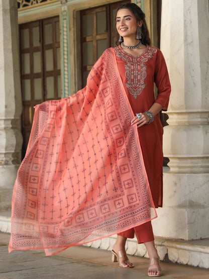 Rust Silk Solid Embroidered Kurta Set