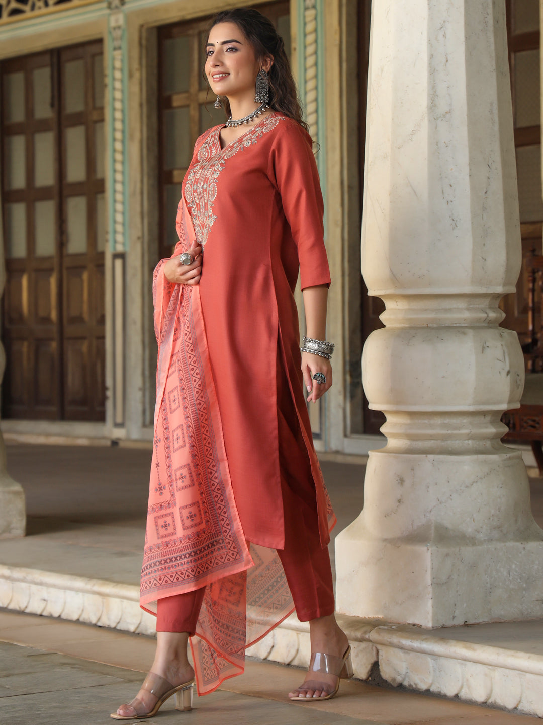 Rust Silk Solid Embroidered Kurta Set