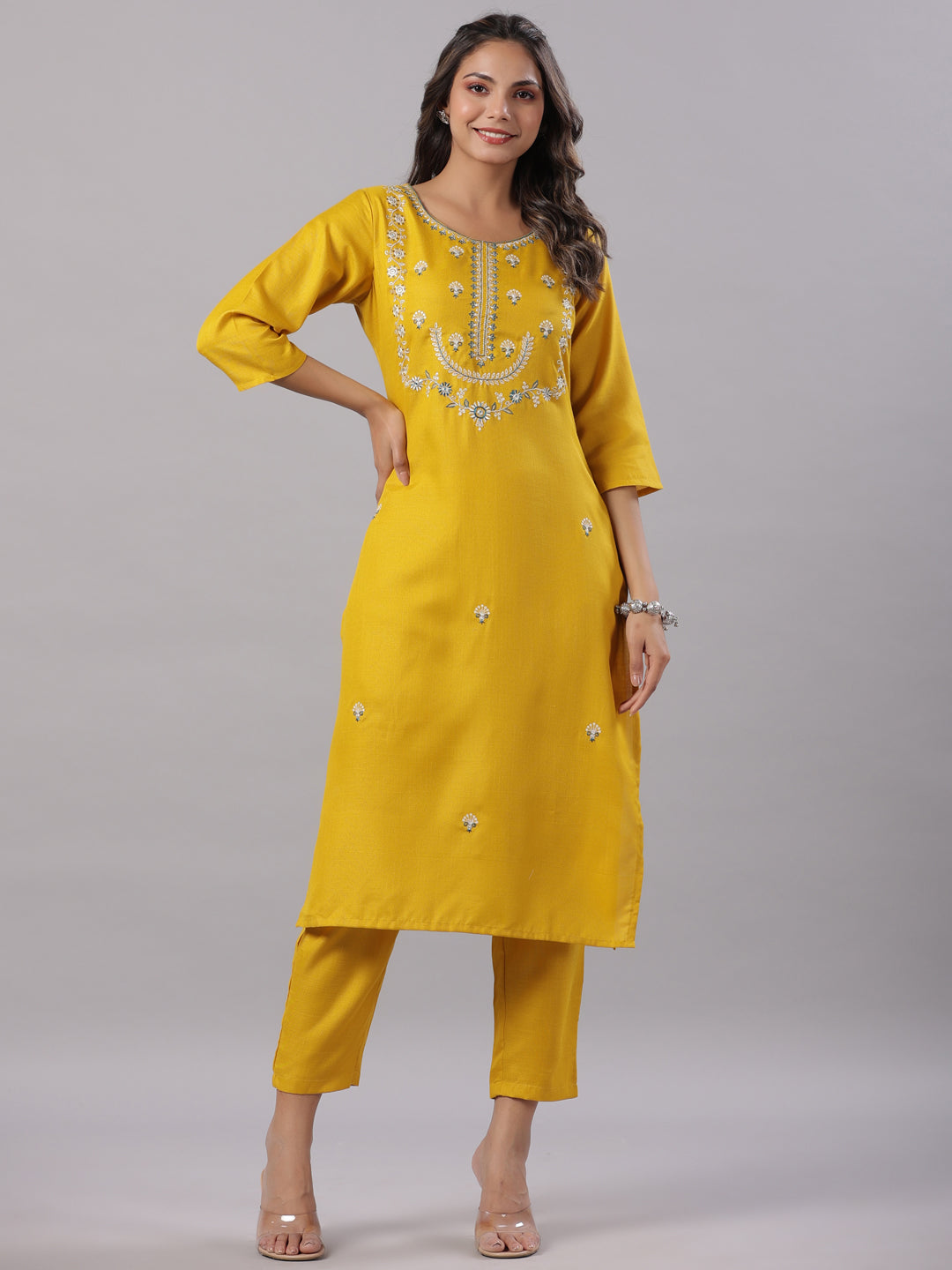 Mustard Silk Zari Embroidery Kurta Pant Dupatta Set