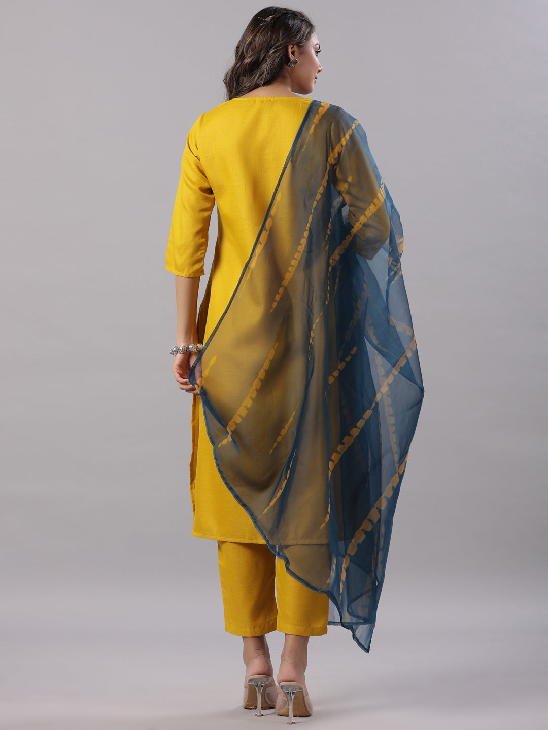 Mustard Silk Zari Embroidery Kurta Pant Dupatta Set