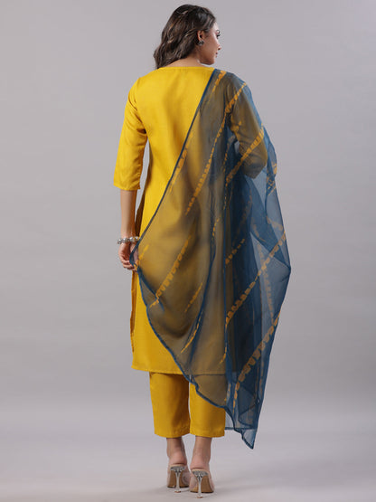 Mustard Silk Zari Embroidery Kurta Pant Dupatta Set