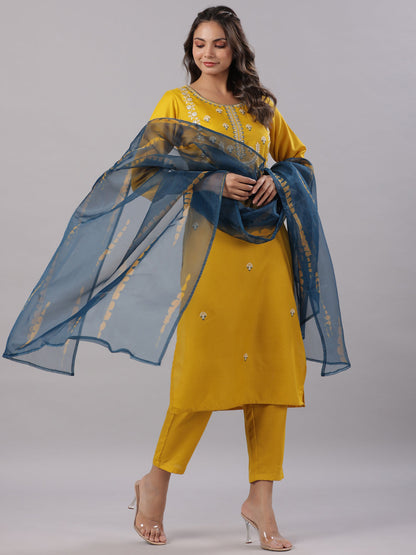 Mustard Silk Zari Embroidery Kurta Pant Dupatta Set