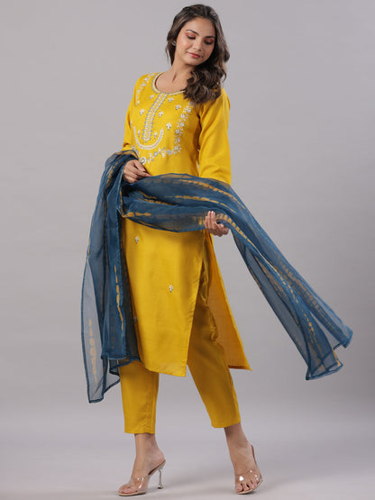 Mustard Silk Zari Embroidery Kurta Pant Dupatta Set