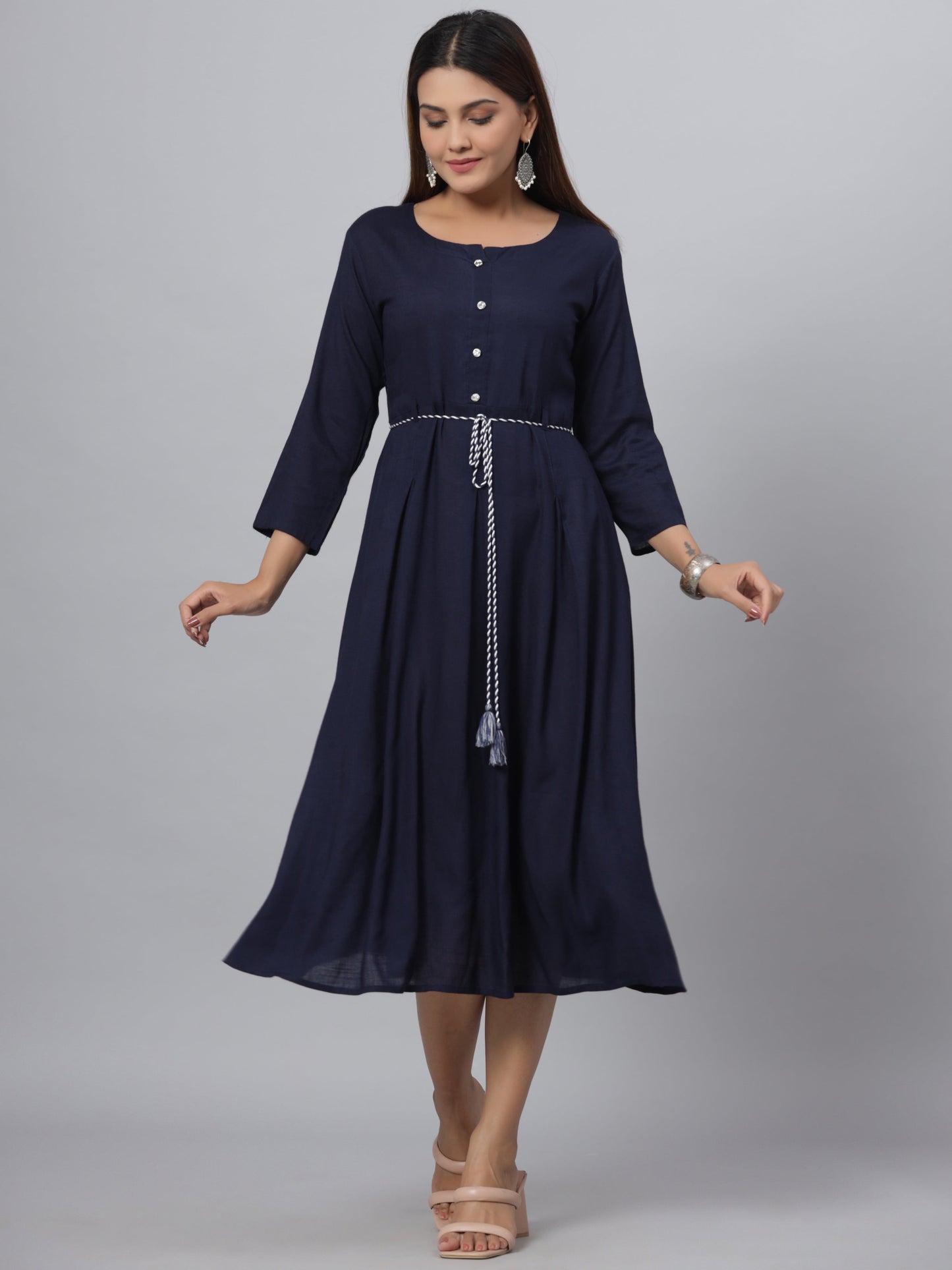 Navy Rayon Slub Solid Dress