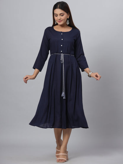 Navy Rayon Slub Solid Dress