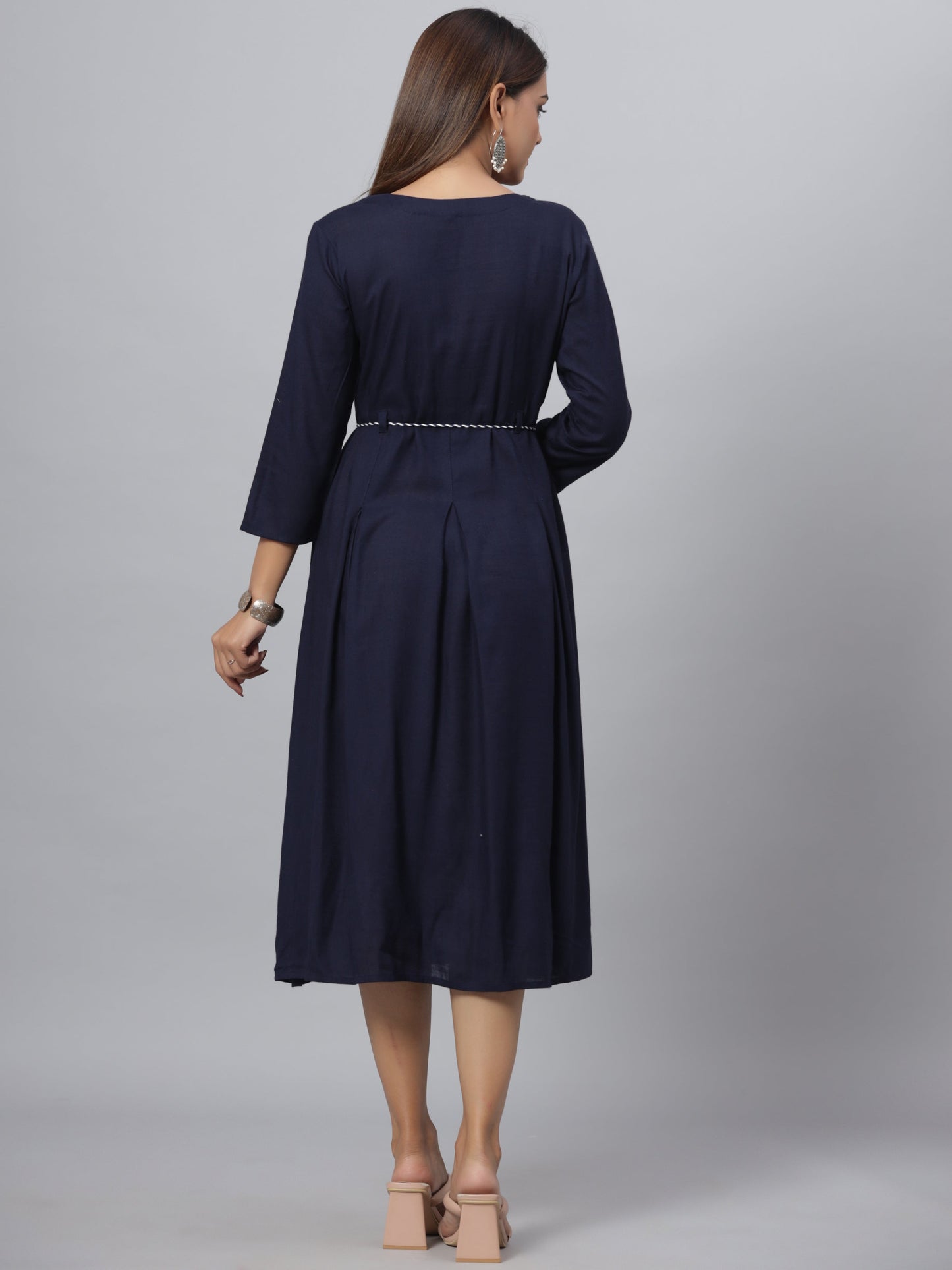 Navy Rayon Slub Solid Dress