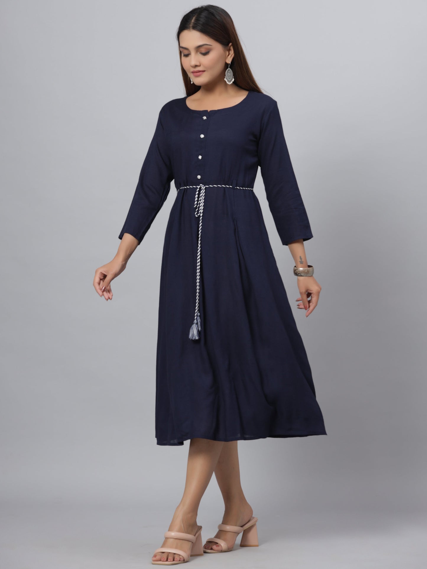 Navy Rayon Slub Solid Dress