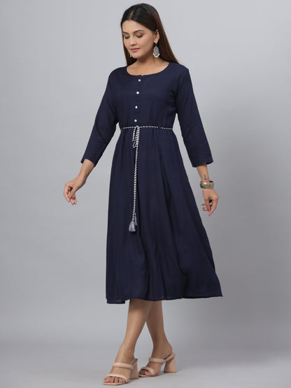 Navy Rayon Slub Solid Dress