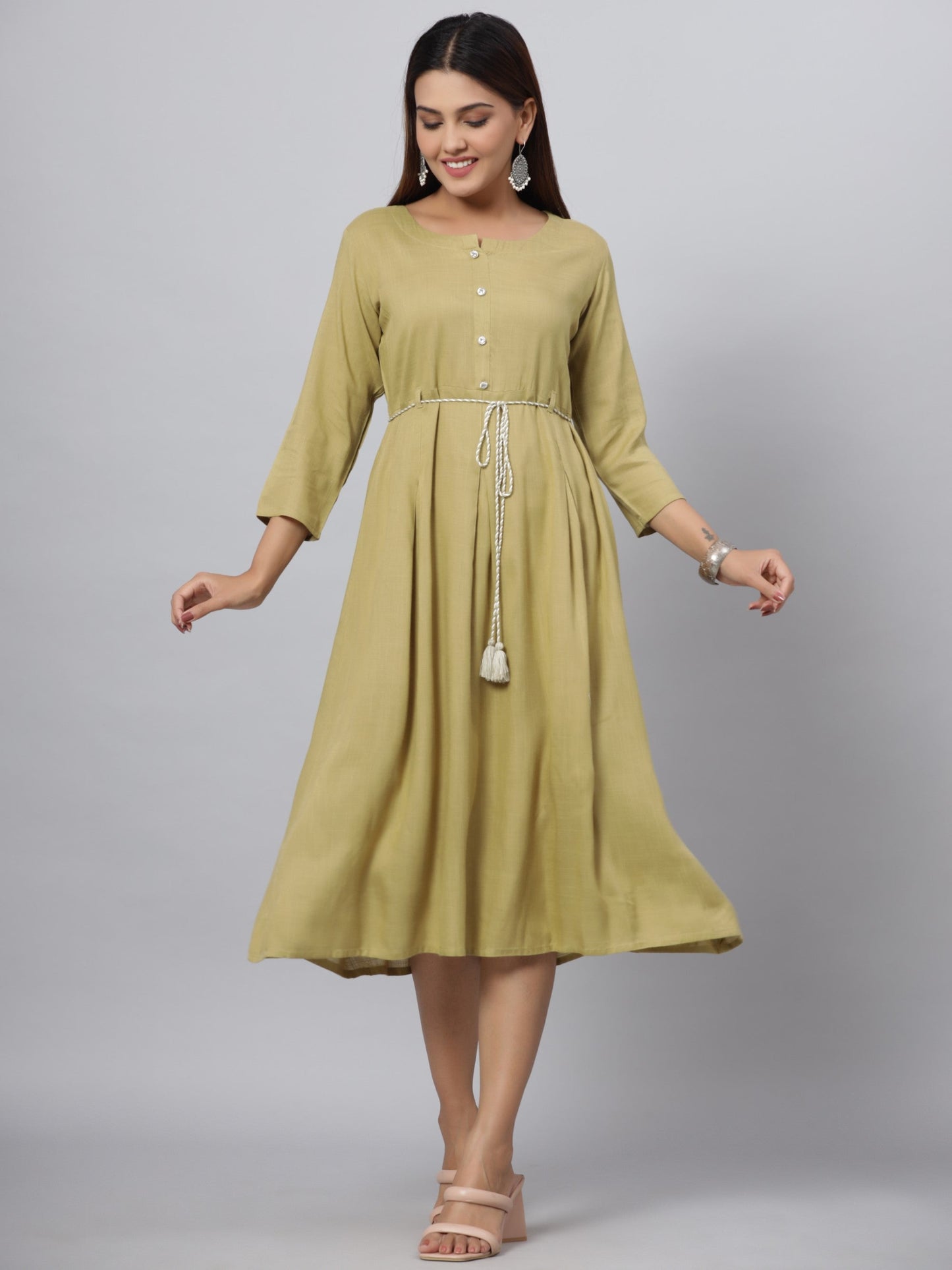 Green Rayon Slub Solid Dress