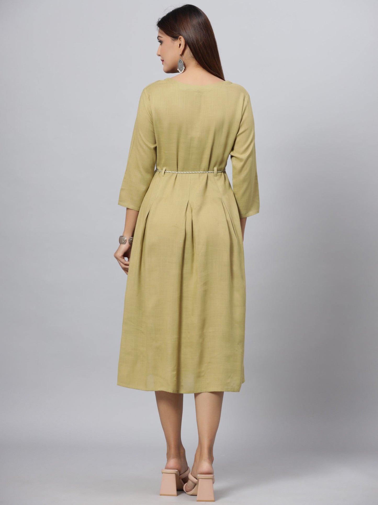 Green Rayon Slub Solid Dress