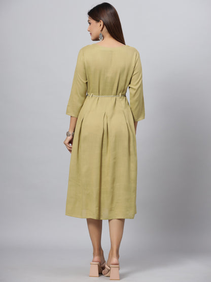 Green Rayon Slub Solid Dress
