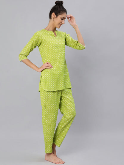Women Green Printed Night Suit Set