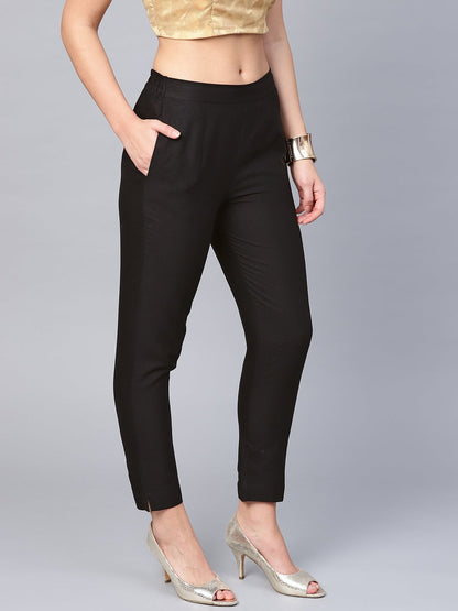 Black Cotton Flex Solid Slim Fit Pant/Slim Pant