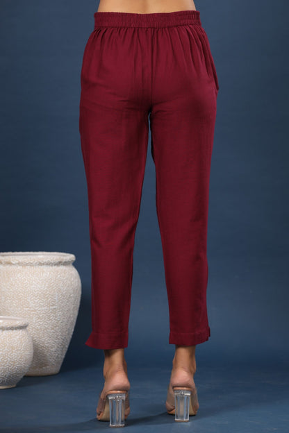 Burgundy Cotton Flex Solid Slim Fit Pant/Slim Pant