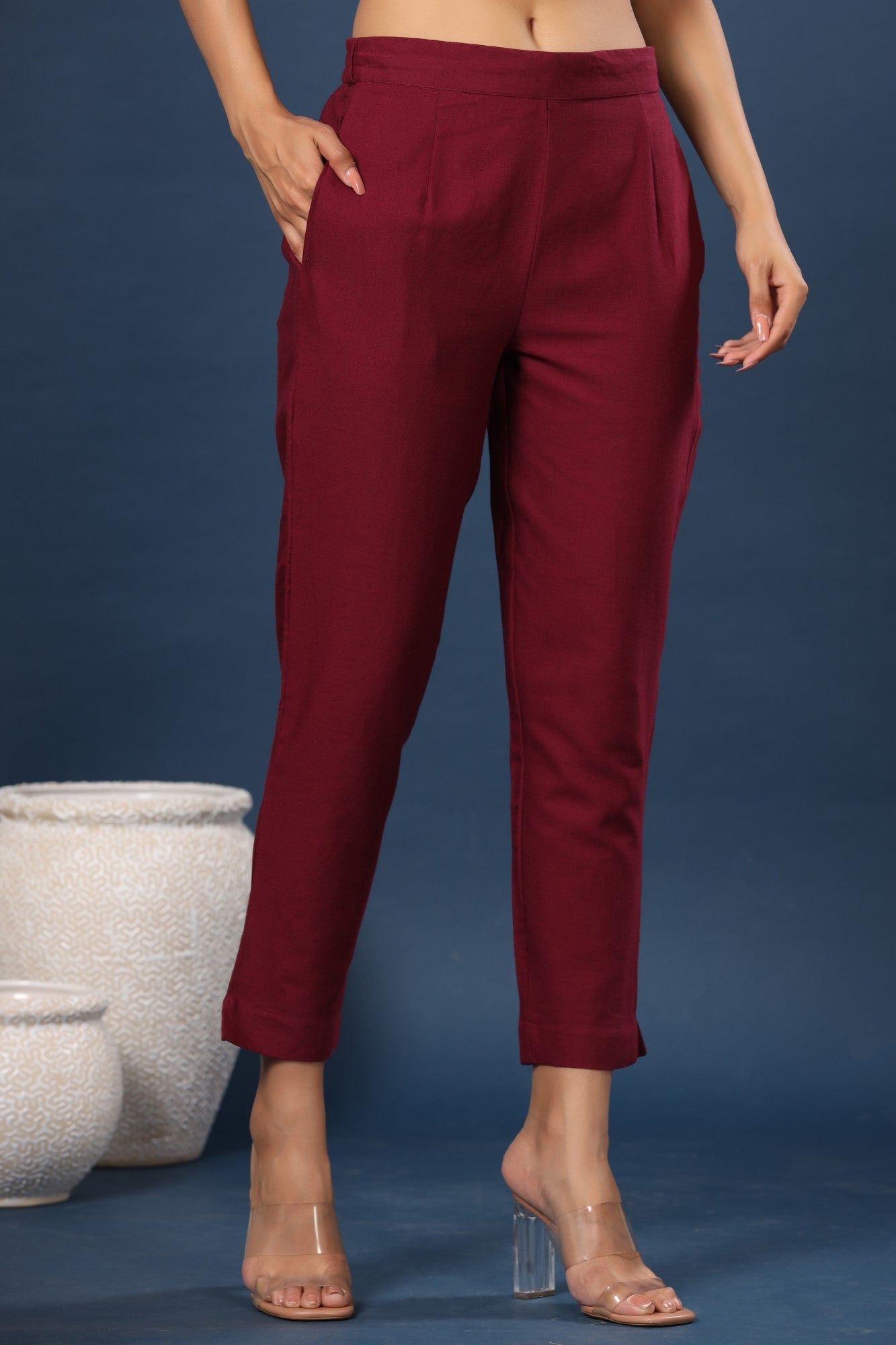 Burgundy Cotton Flex Solid Slim Fit Pant/Slim Pant