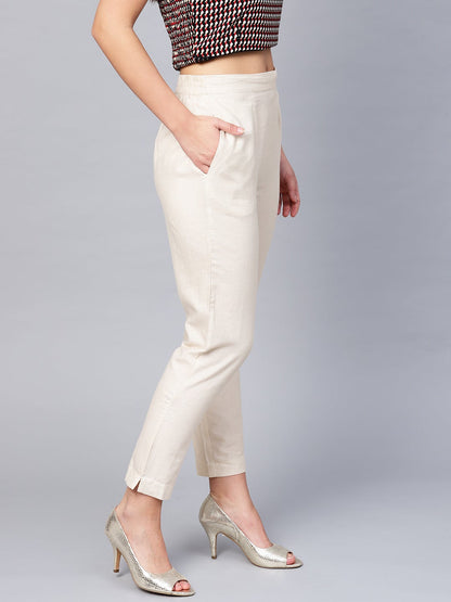 Offwhite Cotton Flex Solid Slim Fit Pant/Slim Pant