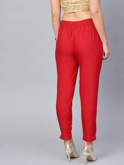 Red Cotton Flex Solid Slim Fit Pant/Slim Pant